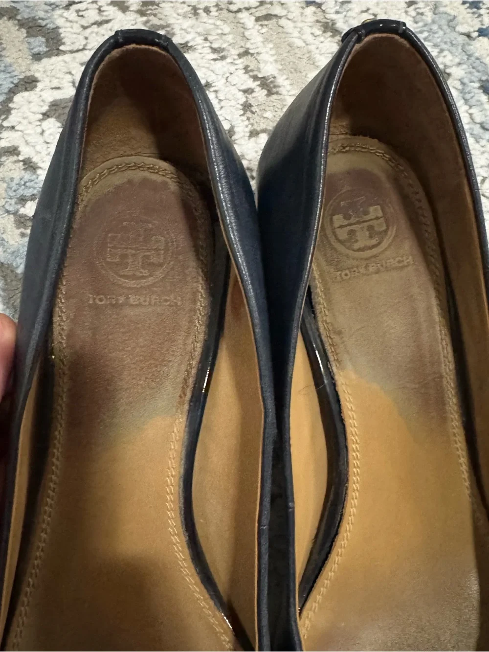 Tory Burch Black Leather Flats with Gold Logo Accent